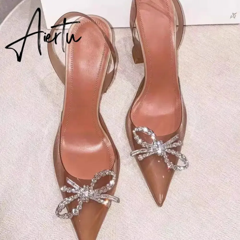 Aiertu Fashion brand Rhinestones Bowknot Women Pumps Sexy clear PVC Slingback High heels Jelly Shoes Summer Ladies Wedding Bridal Shoes