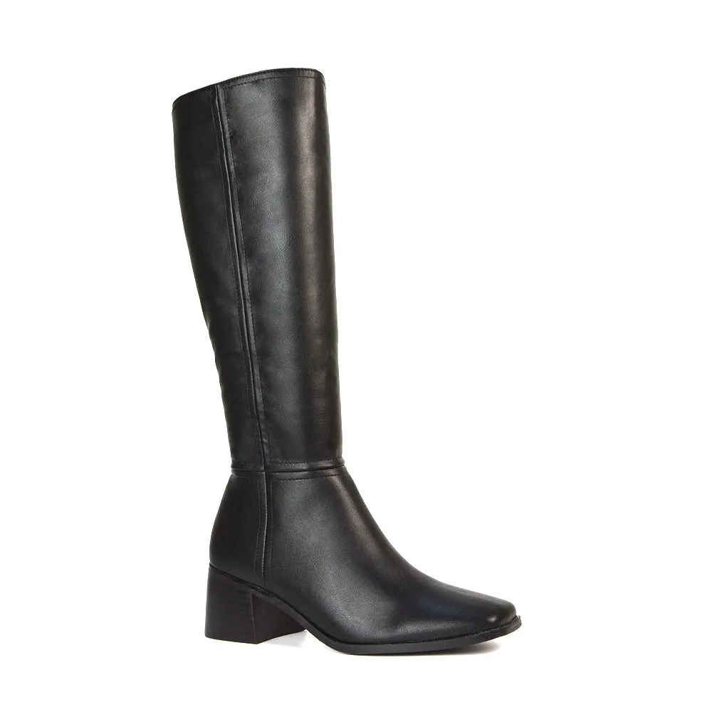 Ari Square Toe Knee High Low Block Heeled Winter Boots in Black Synthetic Leather