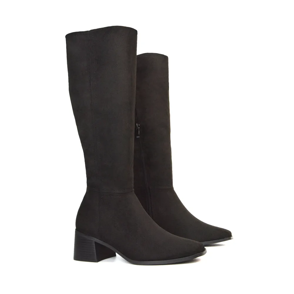 Ari Square Toe Knee High Low Block Heeled Winter Boots in Black Synthetic Leather