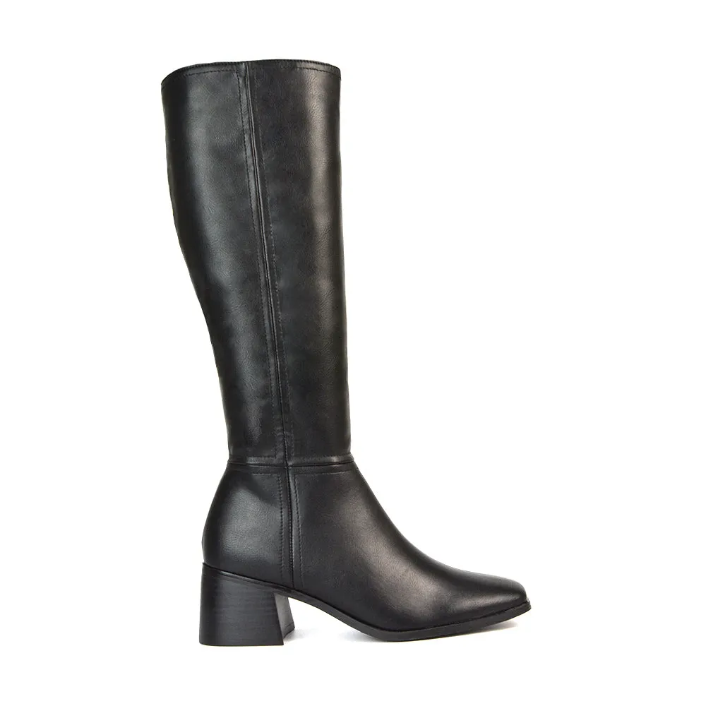 Ari Square Toe Knee High Low Block Heeled Winter Boots in Black Synthetic Leather