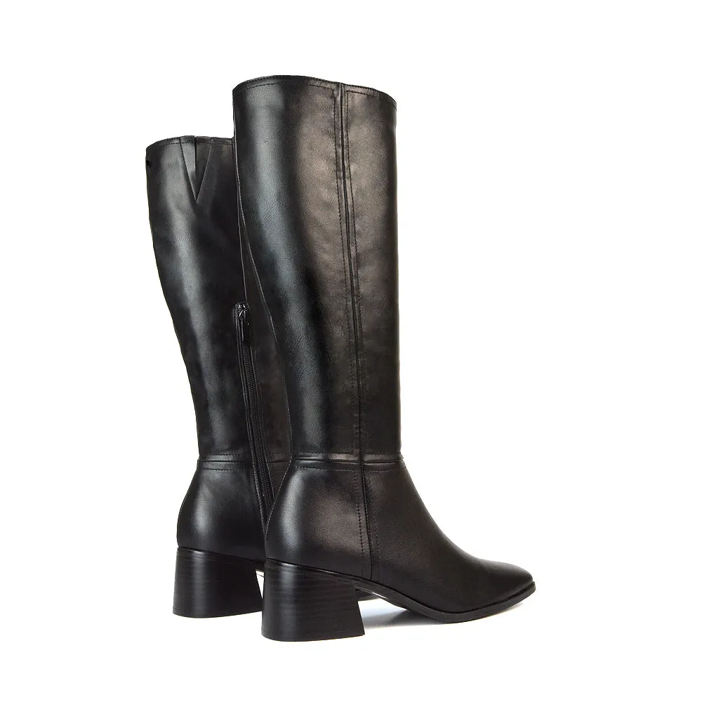 Ari Square Toe Knee High Low Block Heeled Winter Boots in Black Synthetic Leather