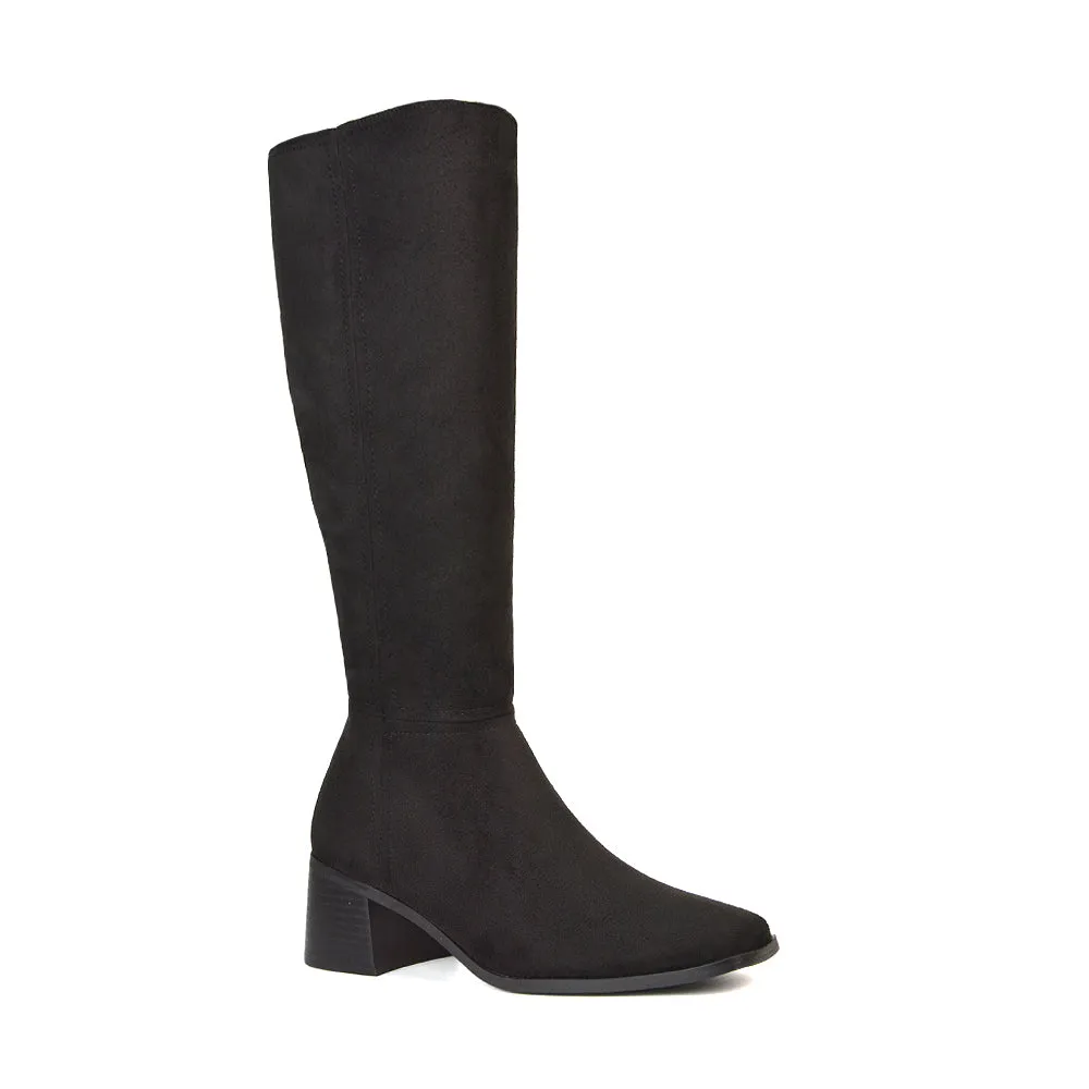 Ari Square Toe Knee High Low Block Heeled Winter Boots in Black Synthetic Leather