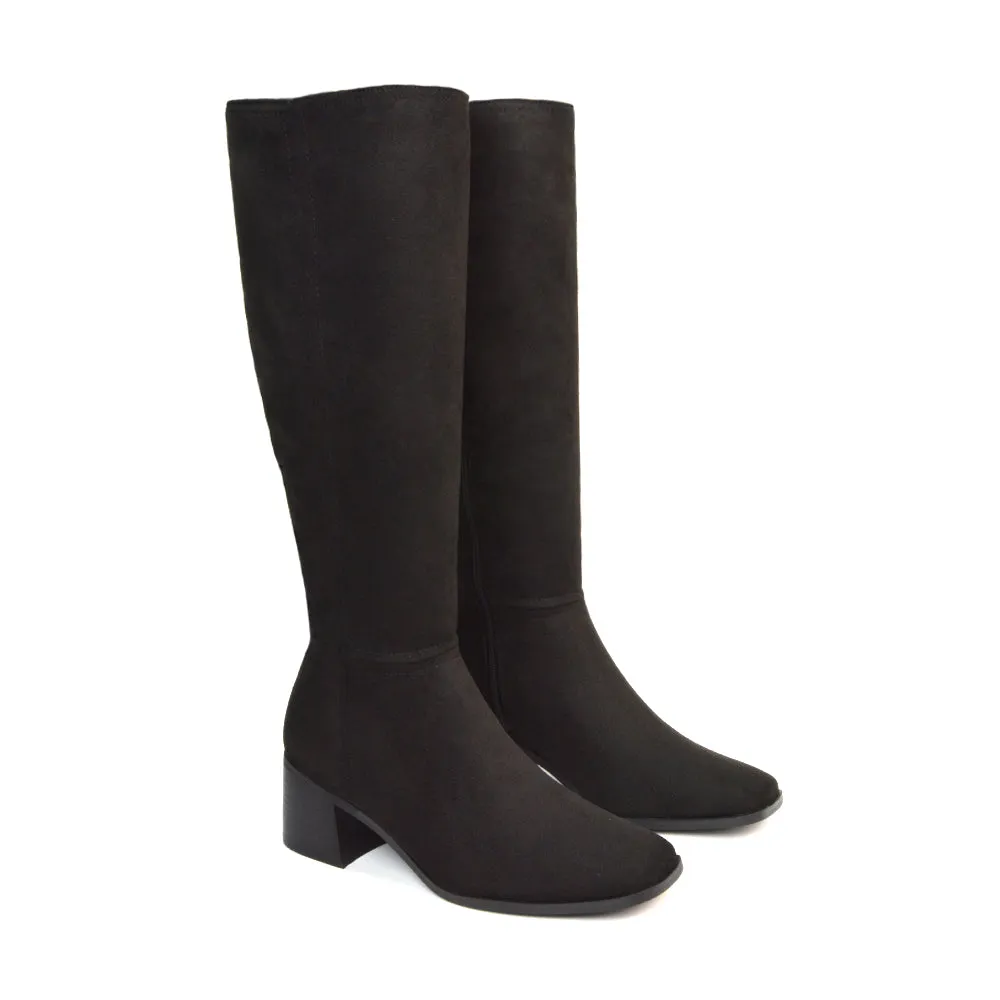 Ari Square Toe Knee High Low Block Heeled Winter Boots in Black Synthetic Leather
