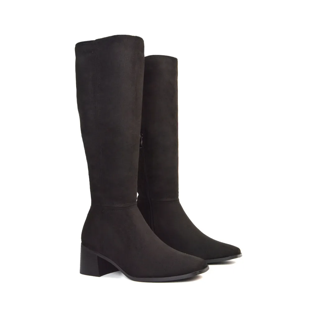 Ari Square Toe Knee High Low Block Heeled Winter Boots in Black Synthetic Leather