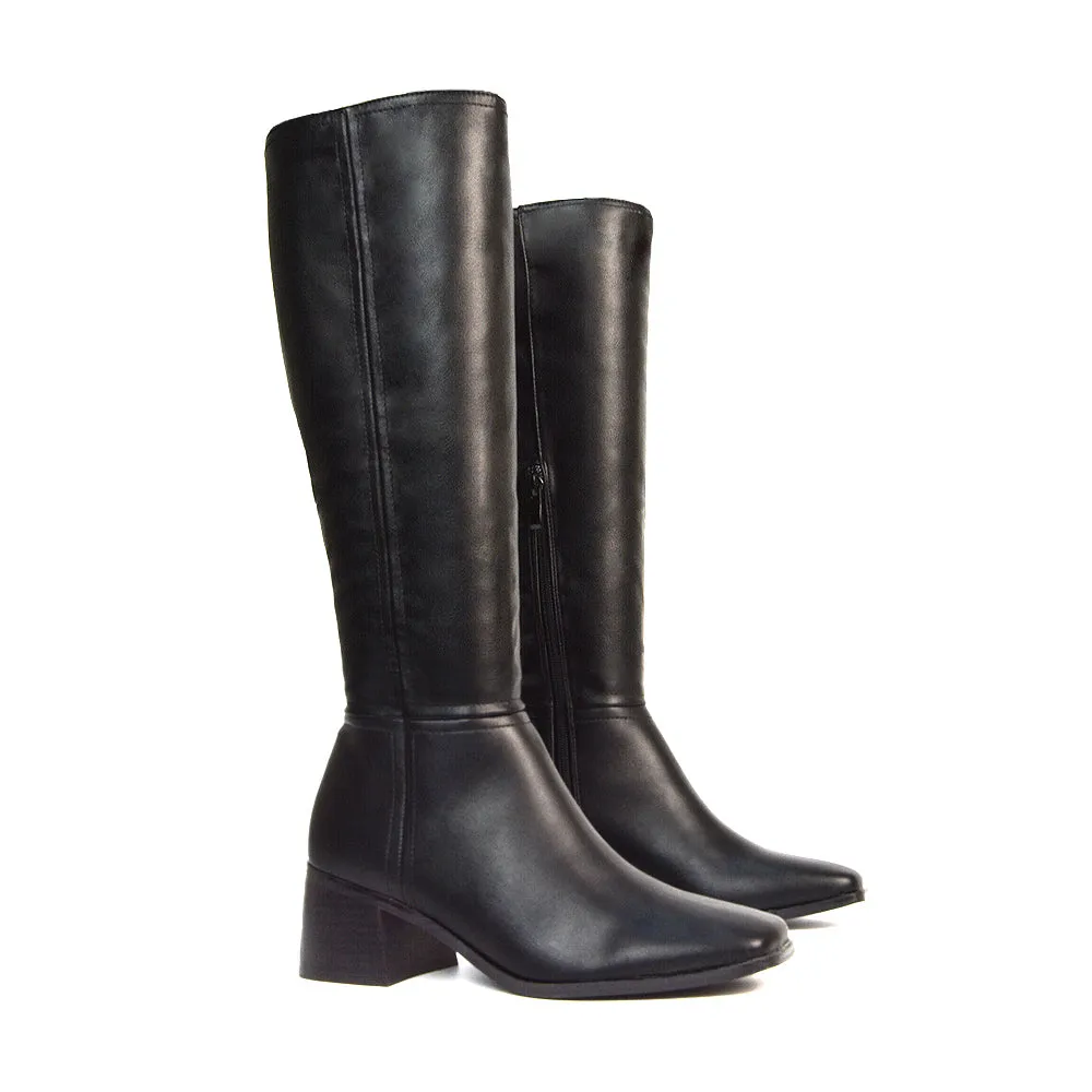 Ari Square Toe Knee High Low Block Heeled Winter Boots in Black Synthetic Leather