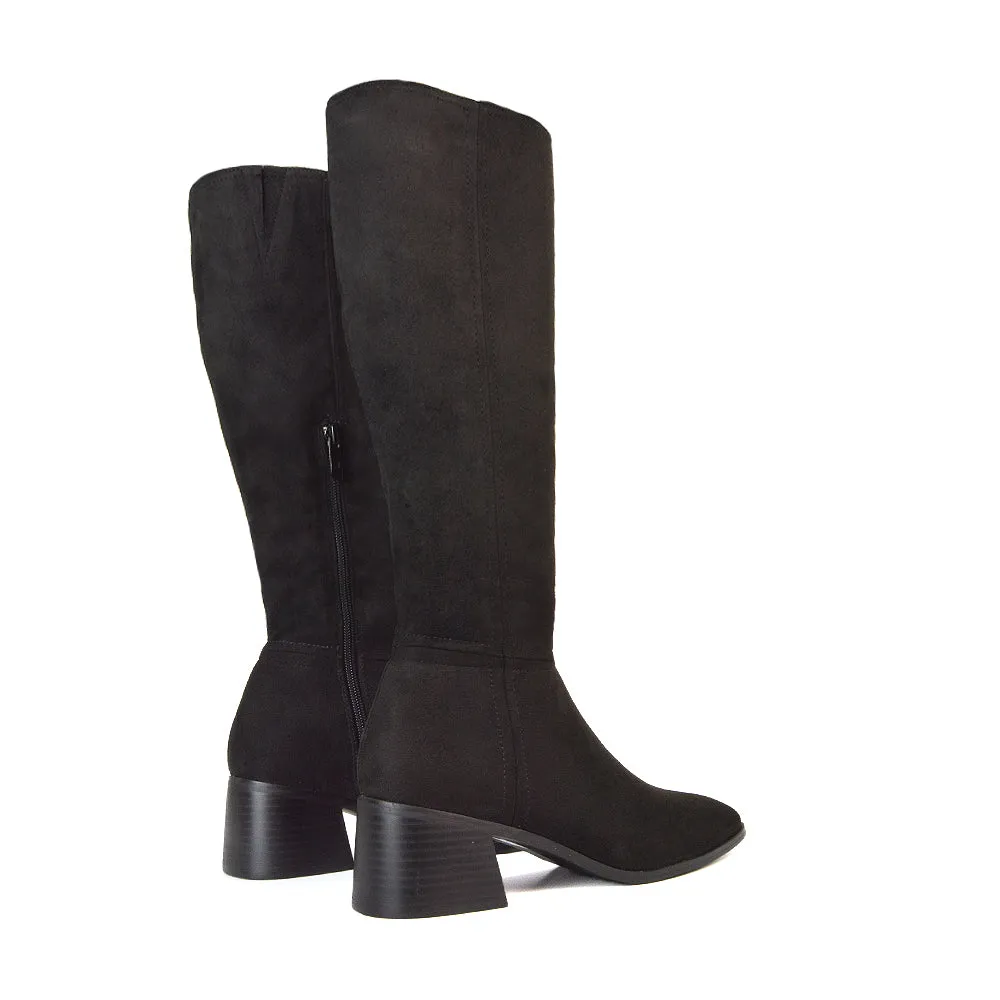 Ari Square Toe Knee High Low Block Heeled Winter Boots in Black Synthetic Leather