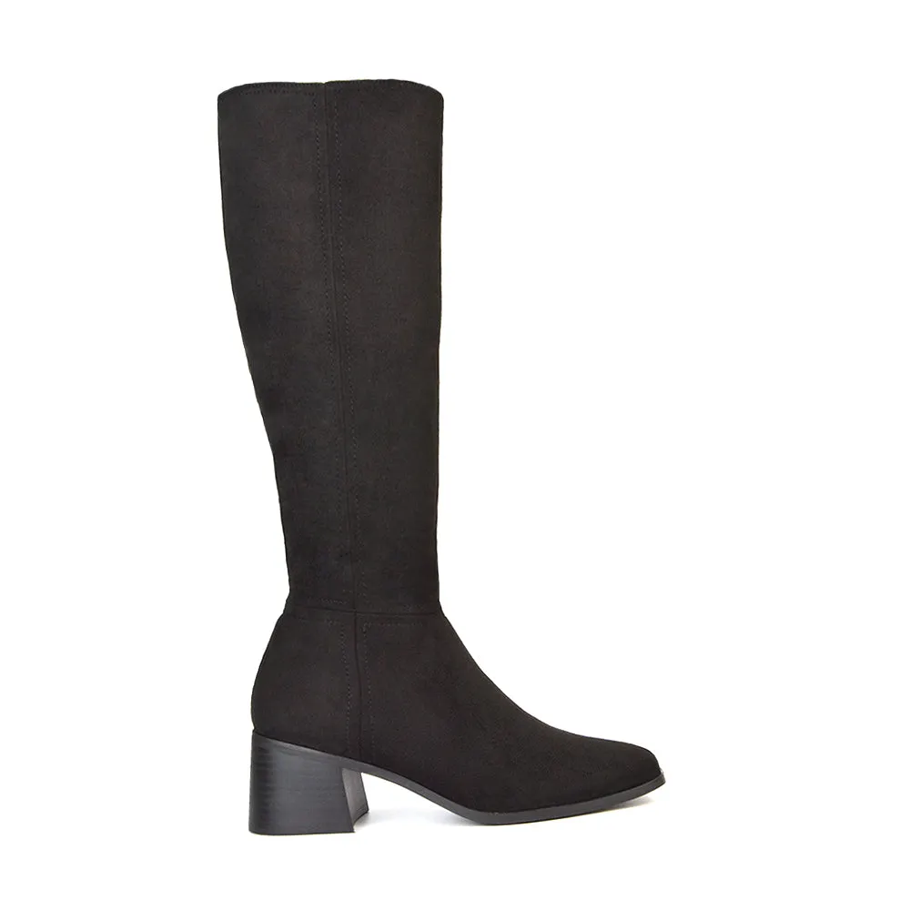 Ari Square Toe Knee High Low Block Heeled Winter Boots in Black Synthetic Leather