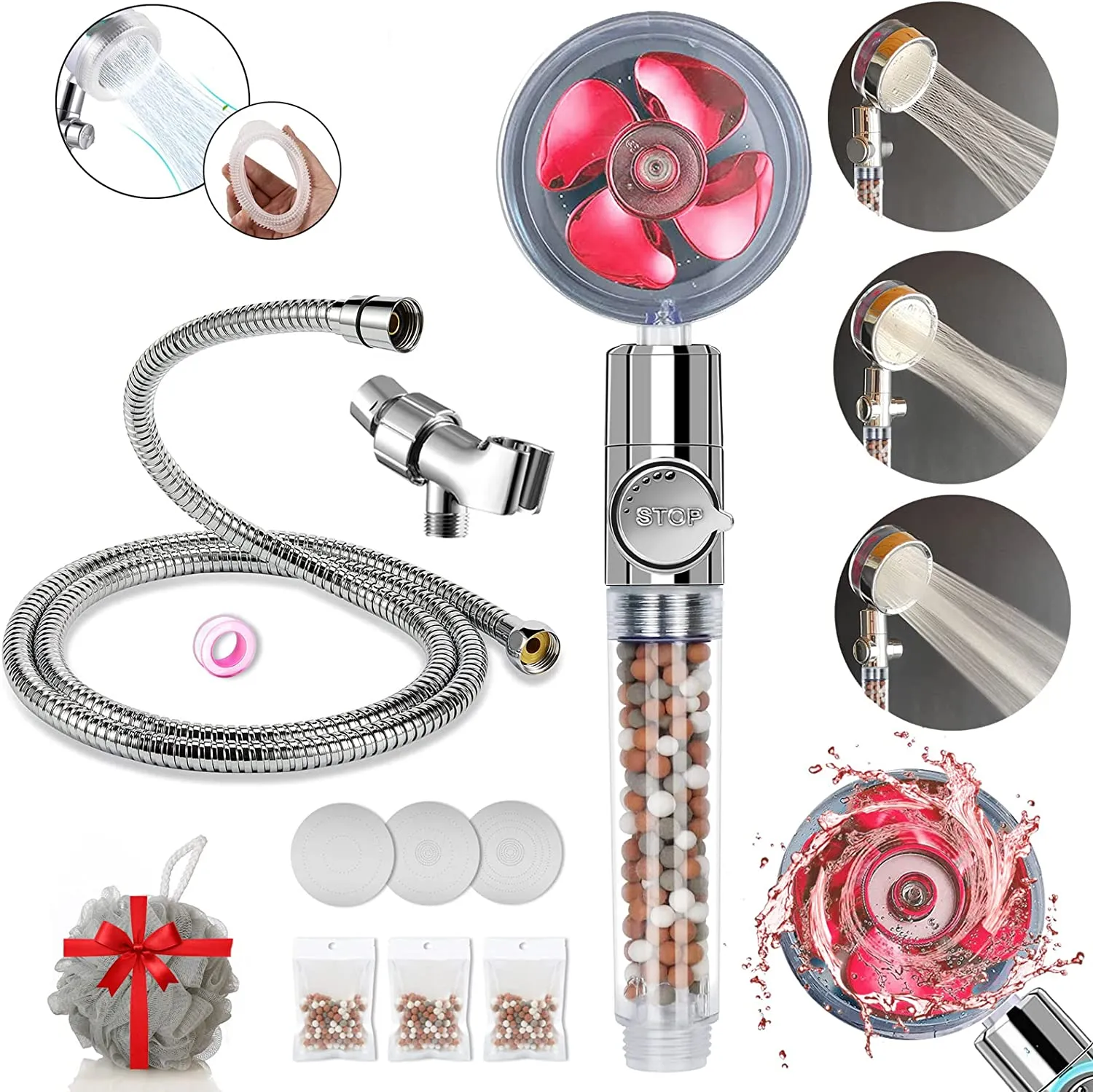 Filtered Shower Head, High Pressure Water Saving Showerhead with Filter Beads, Handheld Turbo Fan Shower Kit with Stainless Steel Hose, Wall & Overhead Brackets ect.-Silver