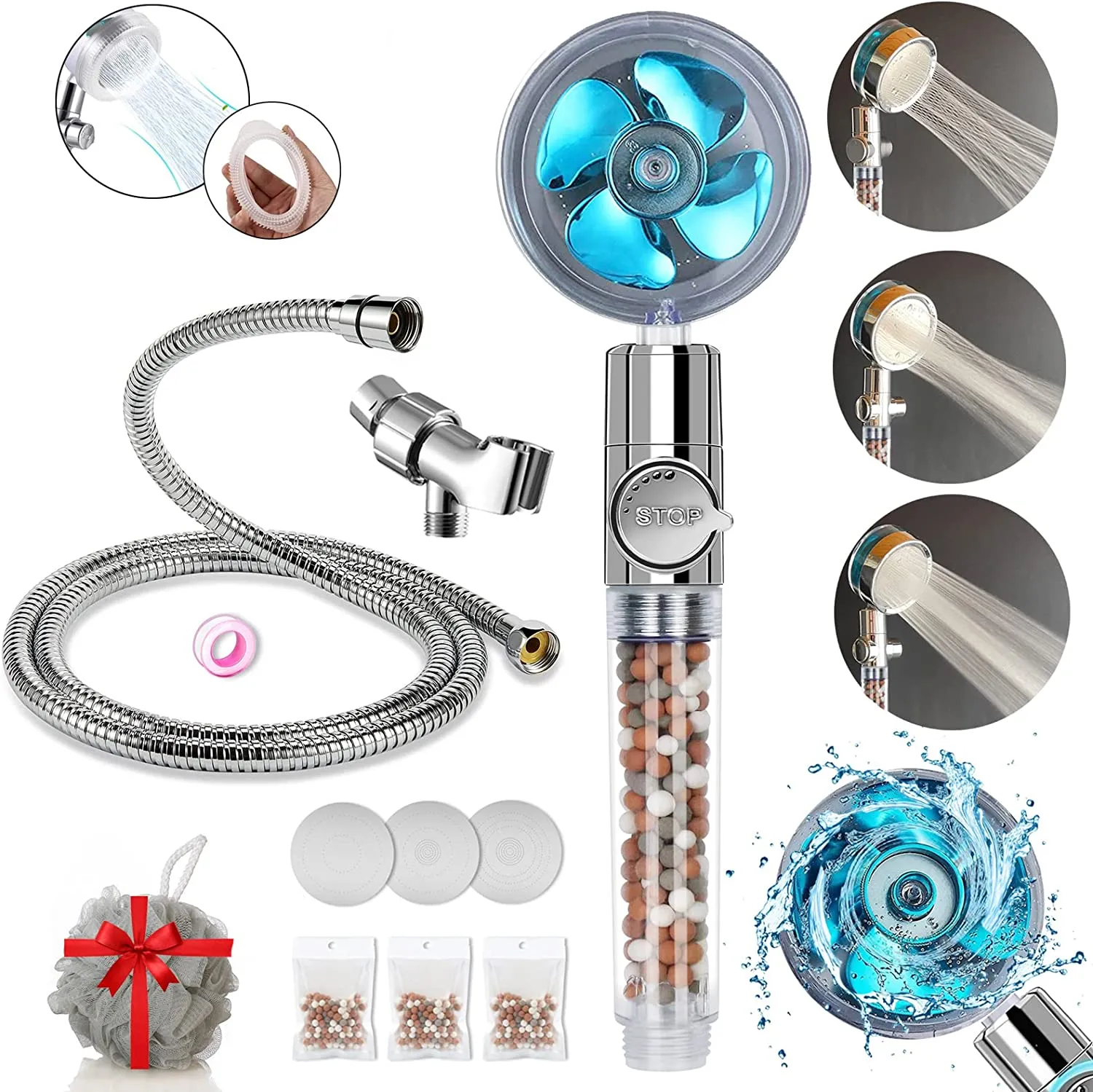 Filtered Shower Head, High Pressure Water Saving Showerhead with Filter Beads, Handheld Turbo Fan Shower Kit with Stainless Steel Hose, Wall & Overhead Brackets ect.-Silver
