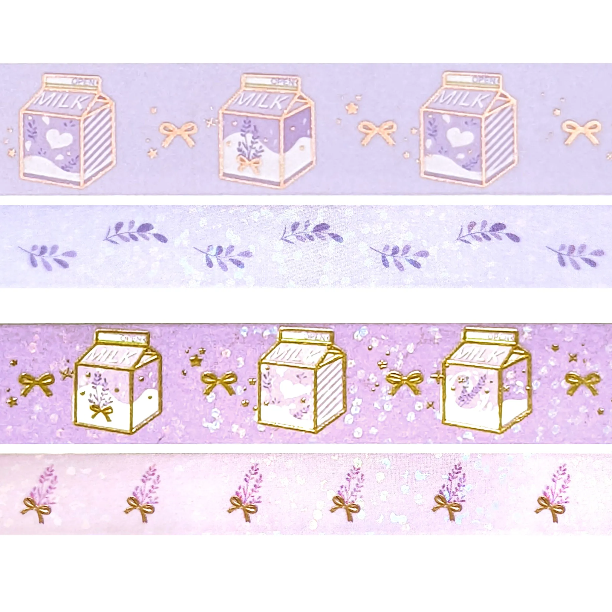 Lavender Milk washi set of 4 (15/15/10/10mm   rose gold foil   iridescent glitter overlay)