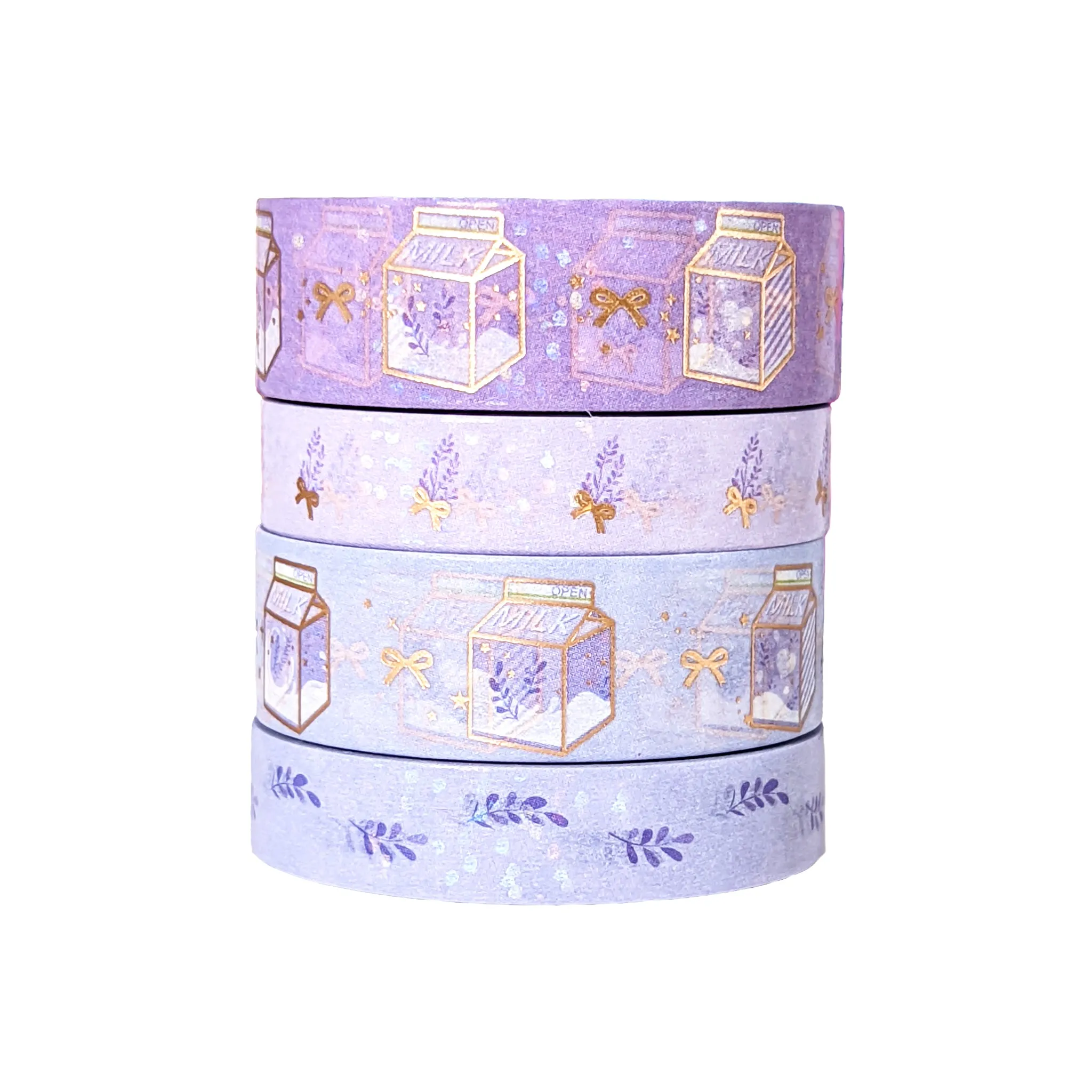 Lavender Milk washi set of 4 (15/15/10/10mm   rose gold foil   iridescent glitter overlay)